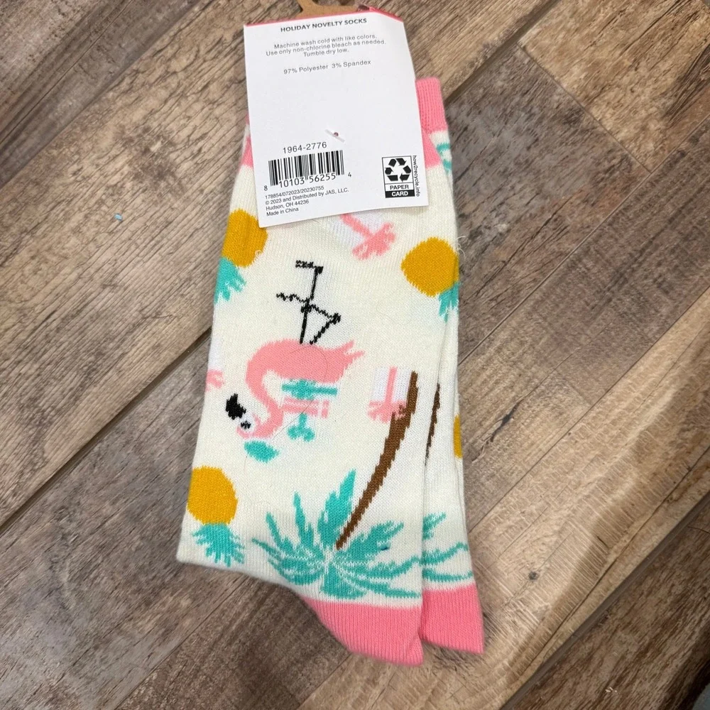 Holiday Novelty Socks Tropical Christmas Flamingo Palm‎ Tree Crew Socks New